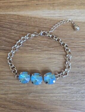 Blue / Green Sparkly Crystals Gold Rolo Chain Bracelet - Hand Crafted